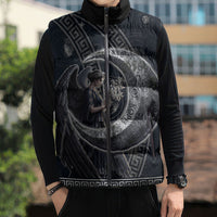 Nemesis Goddess Sleeveless Puffer Jacket Winged Nemesis Crescent Moon Sword Greek Key