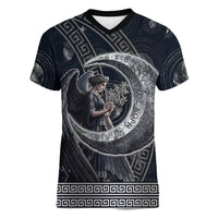 Nemesis Goddess Women V-Neck T-Shirt Winged Nemesis Crescent Moon Sword Greek Key