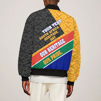 Personalized South Africa Heritage Day Sleeve Zip Bomber Jacket One Nation Many Stories Geometric Flag Pattern