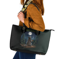 Raccoon Stay Wild Stay Cozy Camping Leather Tote Bag Starry Night Forest Wildlife