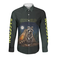 Raccoon Stay Wild Stay Cozy Camping Long Sleeve Button Shirt Starry Night Forest Wildlife