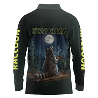 Raccoon Stay Wild Stay Cozy Camping Long Sleeve Polo Shirt Starry Night Forest Wildlife
