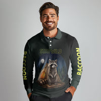 Raccoon Stay Wild Stay Cozy Camping Long Sleeve Polo Shirt Starry Night Forest Wildlife