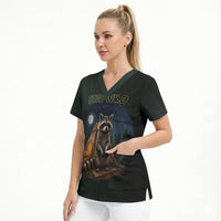 Raccoon Stay Wild Stay Cozy Camping Scrub Top Starry Night Forest Wildlife