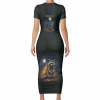 Raccoon Stay Wild Stay Cozy Camping Short Sleeve Bodycon Dress Starry Night Forest Wildlife