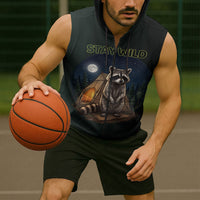Raccoon Stay Wild Stay Cozy Camping Sleeveless Zip Hoodie Starry Night Forest Wildlife