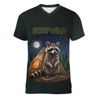 Raccoon Stay Wild Stay Cozy Camping Women V-Neck T-Shirt Starry Night Forest Wildlife