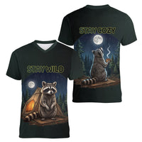 Raccoon Stay Wild Stay Cozy Camping Women V-Neck T-Shirt Starry Night Forest Wildlife