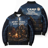 Raccoons Campfire Stay Cozy Stay Wild Bomber Puffer Jacket Starry Night Forest Wildlife