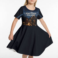 Raccoons Campfire Stay Cozy Stay Wild Kid Short Sleeve Dress Starry Night Forest Wildlife