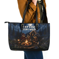 Raccoons Campfire Stay Cozy Stay Wild Leather Tote Bag Starry Night Forest Wildlife