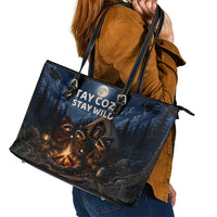 Raccoons Campfire Stay Cozy Stay Wild Leather Tote Bag Starry Night Forest Wildlife