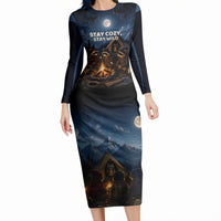 Raccoons Campfire Stay Cozy Stay Wild Long Sleeve Bodycon Dress Starry Night Forest Wildlife