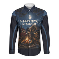 Raccoons Campfire Stay Cozy Stay Wild Long Sleeve Button Shirt Starry Night Forest Wildlife