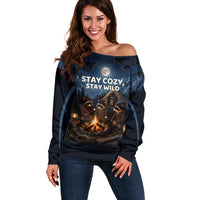 Raccoons Campfire Stay Cozy Stay Wild Off Shoulder Sweater Starry Night Forest Wildlife