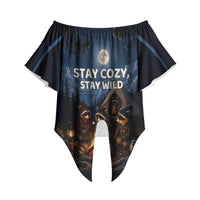 Raccoons Campfire Stay Cozy Stay Wild Off Shoulder Wrap Waist Top Starry Night Forest Wildlife