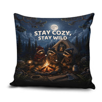 Raccoons Campfire Stay Cozy Stay Wild Pillow Cover Starry Night Forest Wildlife