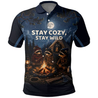 Raccoons Campfire Stay Cozy Stay Wild Polo Shirt Starry Night Forest Wildlife