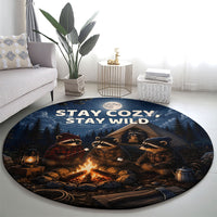 Raccoons Campfire Stay Cozy Stay Wild Round Carpet Starry Night Forest Wildlife