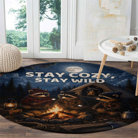 Raccoons Campfire Stay Cozy Stay Wild Round Carpet Starry Night Forest Wildlife