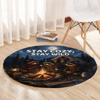 Raccoons Campfire Stay Cozy Stay Wild Round Carpet Starry Night Forest Wildlife