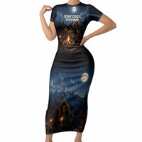 Raccoons Campfire Stay Cozy Stay Wild Short Sleeve Bodycon Dress Starry Night Forest Wildlife