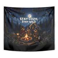 Raccoons Campfire Stay Cozy Stay Wild Tapestry Starry Night Forest Wildlife