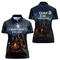 Raccoons Campfire Stay Cozy Stay Wild Women Polo Shirt Starry Night Forest Wildlife