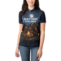 Raccoons Campfire Stay Cozy Stay Wild Women Polo Shirt Starry Night Forest Wildlife