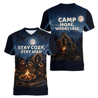 Raccoons Campfire Stay Cozy Stay Wild Women V-Neck T-Shirt Starry Night Forest Wildlife