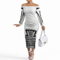 Raccoon I Am Not A Raccoon I Am A Trash Panda Off The Shoulder Long Sleeve Dress Funny Animal Meme Grayscale Sketch Illustration