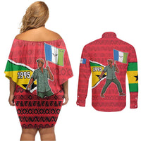 Autonomous Region of Principe Independence Couples Matching Off Shoulder Short Dress and Long Sleeve Button Shirt with 1995 Flag Design and Cultural Pattern - Wonder Print Shop