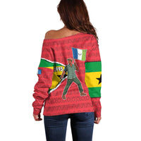 Autonomous Region of Principe Independence Off Shoulder Sweater with 1995 Flag Design and Cultural Pattern - Wonder Print Shop
