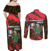 Principe Autonomous Region Couples Matching Off Shoulder Maxi Dress and Long Sleeve Button Shirt with Parrot Cacao and 1995 Flag Design - Wonder Print Shop