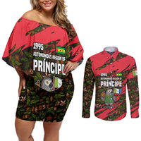 Principe Autonomous Region Couples Matching Off Shoulder Short Dress and Long Sleeve Button Shirt with Parrot Cacao and 1995 Flag Design - Wonder Print Shop