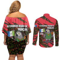 Principe Autonomous Region Couples Matching Off Shoulder Short Dress and Long Sleeve Button Shirt with Parrot Cacao and 1995 Flag Design - Wonder Print Shop