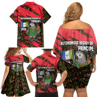 Principe Autonomous Region Family Matching Off Shoulder Short Dress and Hawaiian Shirt with Parrot Cacao and 1995 Flag Design - Wonder Print Shop