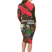 Principe Autonomous Region Long Sleeve Bodycon Dress with Parrot Cacao and 1995 Flag Design - Wonder Print Shop
