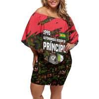 Principe Autonomous Region Off Shoulder Short Dress with Parrot Cacao and 1995 Flag Design - Wonder Print Shop