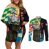 Ska Two Tone Couples Matching Off Shoulder Short Dress and Long Sleeve Button Shirt with Colorful Checkerboard Music Art Carnival Festival - Wonder Print Shop