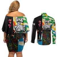 Ska Two Tone Couples Matching Off Shoulder Short Dress and Long Sleeve Button Shirt with Colorful Checkerboard Music Art Carnival Festival - Wonder Print Shop