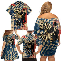 Ska 2 Tone Family Matching Off Shoulder Short Dress and Hawaiian Shirt Big Ben Dance Two Tone Blue Checkerboard - Wonder Print Shop