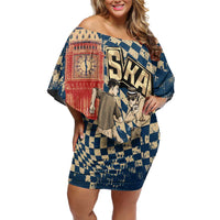 Ska 2 Tone Off Shoulder Short Dress Big Ben Dance Two Tone Blue Checkerboard - Wonder Print Shop