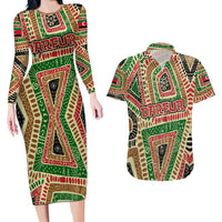 Darfur Sudan Couples Matching Long Sleeve Bodycon Dress and Hawaiian Shirt with Red Green Beige Tribal Pattern - Wonder Print Shop