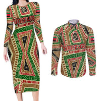 Darfur Sudan Couples Matching Long Sleeve Bodycon Dress and Long Sleeve Button Shirt with Red Green Beige Tribal Pattern - Wonder Print Shop