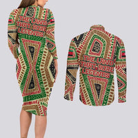 Darfur Sudan Couples Matching Long Sleeve Bodycon Dress and Long Sleeve Button Shirt with Red Green Beige Tribal Pattern - Wonder Print Shop