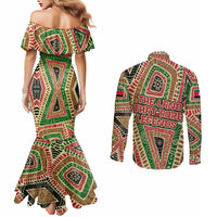 Darfur Sudan Couples Matching Mermaid Dress and Long Sleeve Button Shirt with Red Green Beige Tribal Pattern - Wonder Print Shop
