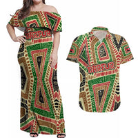 Darfur Sudan Couples Matching Off Shoulder Maxi Dress and Hawaiian Shirt with Red Green Beige Tribal Pattern - Wonder Print Shop