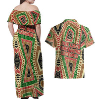Darfur Sudan Couples Matching Off Shoulder Maxi Dress and Hawaiian Shirt with Red Green Beige Tribal Pattern - Wonder Print Shop