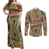 Darfur Sudan Couples Matching Off Shoulder Maxi Dress and Long Sleeve Button Shirt with Red Green Beige Tribal Pattern - Wonder Print Shop